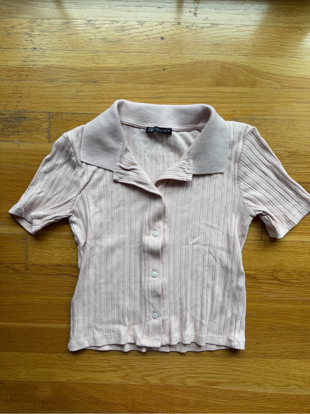 Zara Light Pink Ribbed Collared Top - Size Small